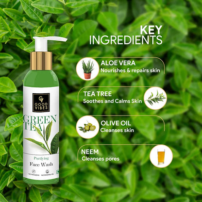 Good Vibes Green Tea Purifying Face Wash, 120 ml Helps Prevent Acne, Dirt Removal Deep Cleansing Natural Antioxidants Formula for All Skin Types, No Parabens & Mineral Oil