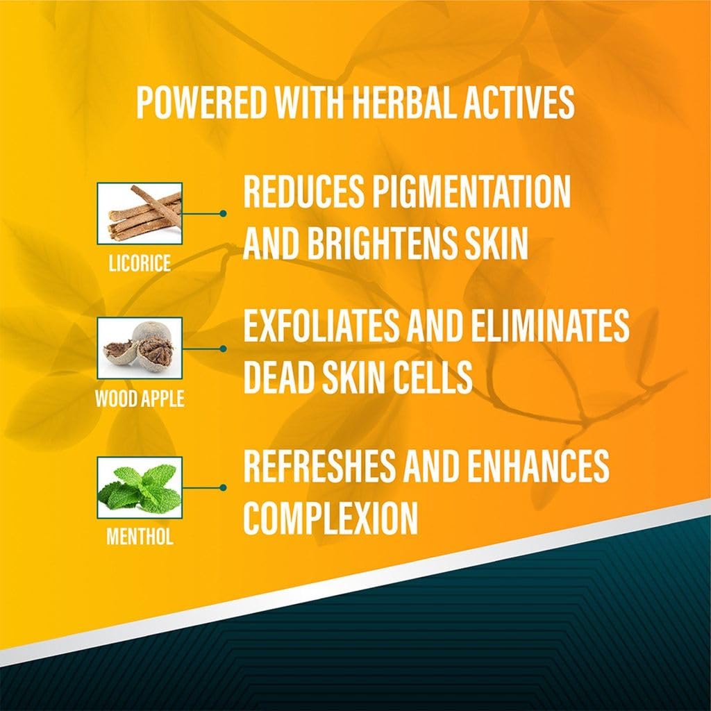 Product advertisement with herbal ingredients and skin benefits on a yellow and blue background