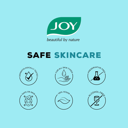JOY skincare brand advertisement with icons on a light blue background