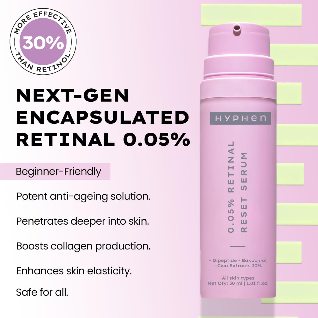 Pink serum bottle with text on a pink background, featuring the brand 'Hyphen'.