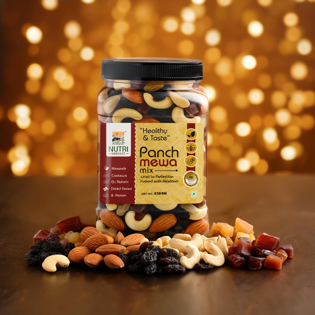 NUTRI HARVEST Premium Dry Fruits Mix pack (Panch mewa), Natural Blend of Almonds, Cashews,Black and green Raisins and diced Dates| Fit for Fasting 450 gram| (Re-sealable pack for freshness)