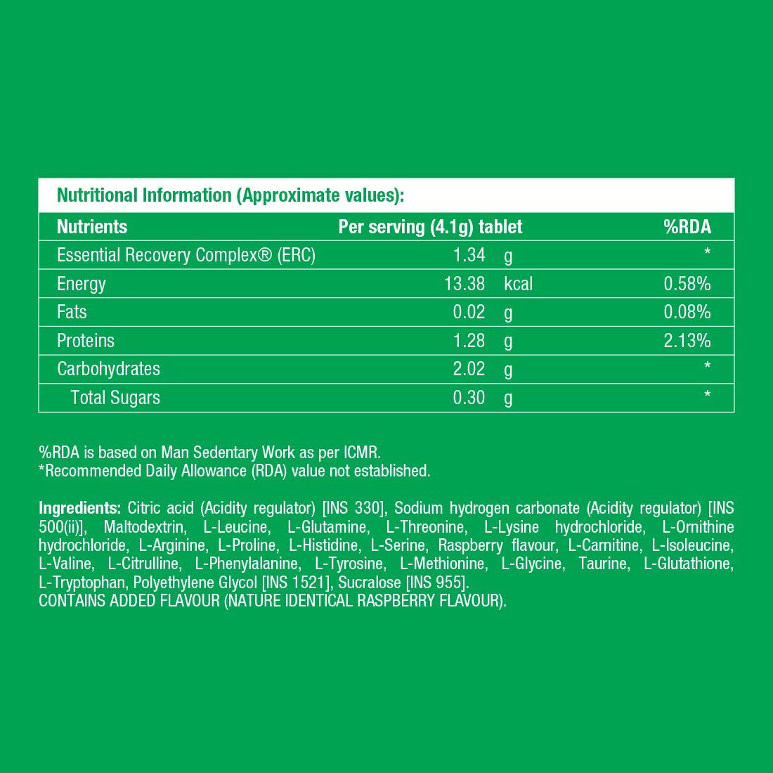 Nutritional information label for a supplement on a green background