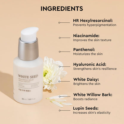 White seed skincare serum with labeled ingredients on a beige background