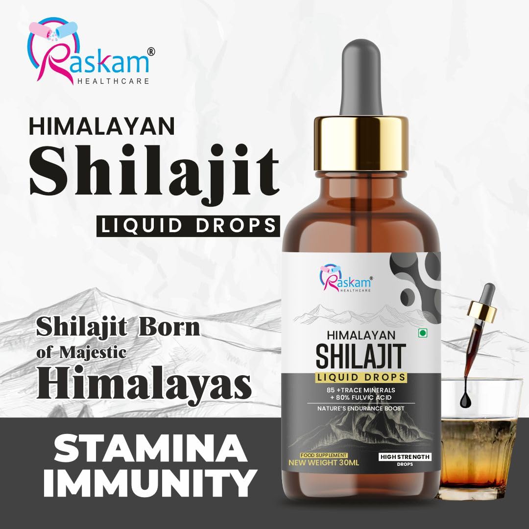 Himalayan Shilajit liquid drops bottle with Raskam Healthcare branding on a white background.