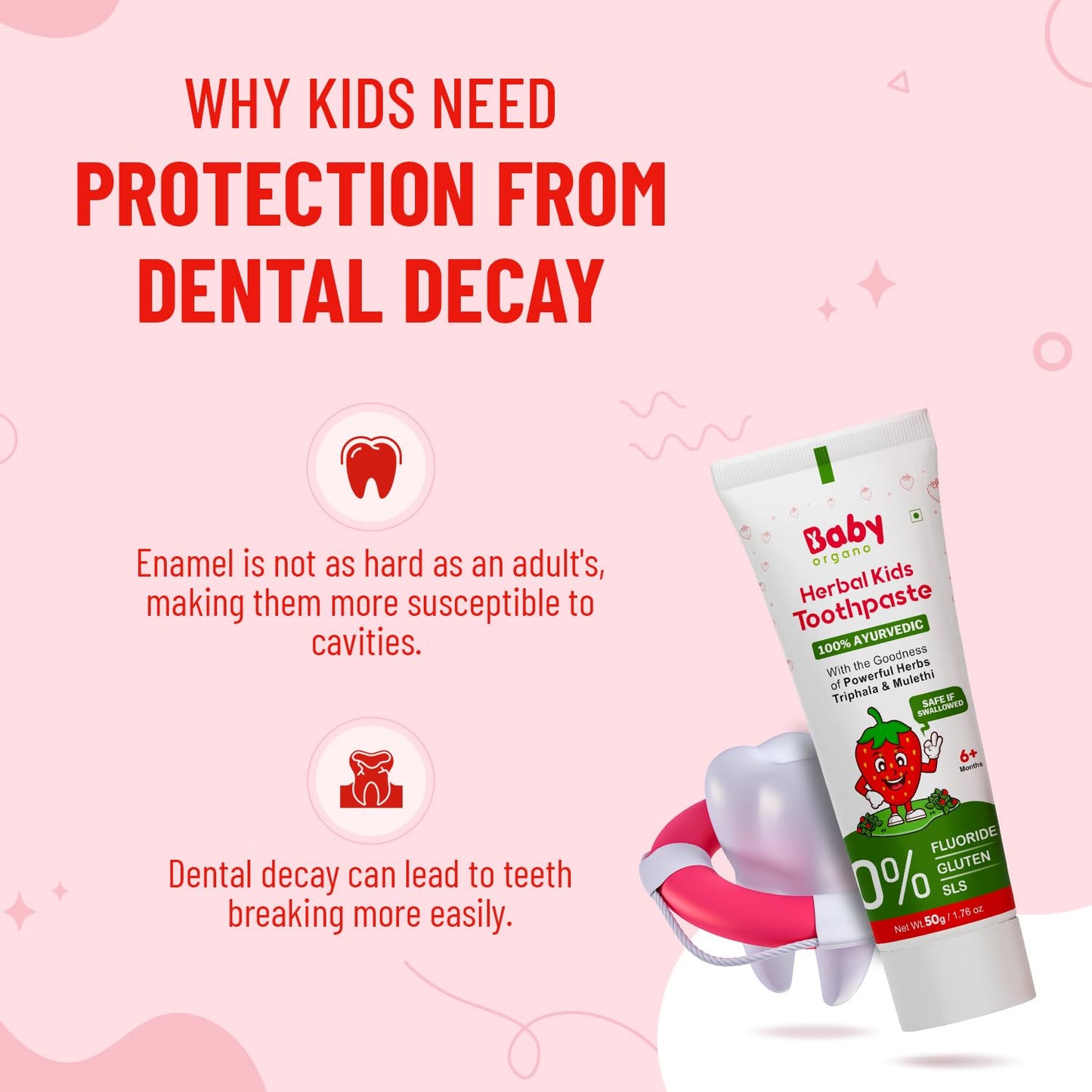 BabyOrgano Ayurvedic Baby Toothpaste for Kids 6+ Months | With Babool, Khadir, Mulethi & Neem | Fluoride-Free, SLS-Free | Safe to Swallow | Supports Strong Teeth & Gums | Strawberry Flavour | 50g (Pack of 1)