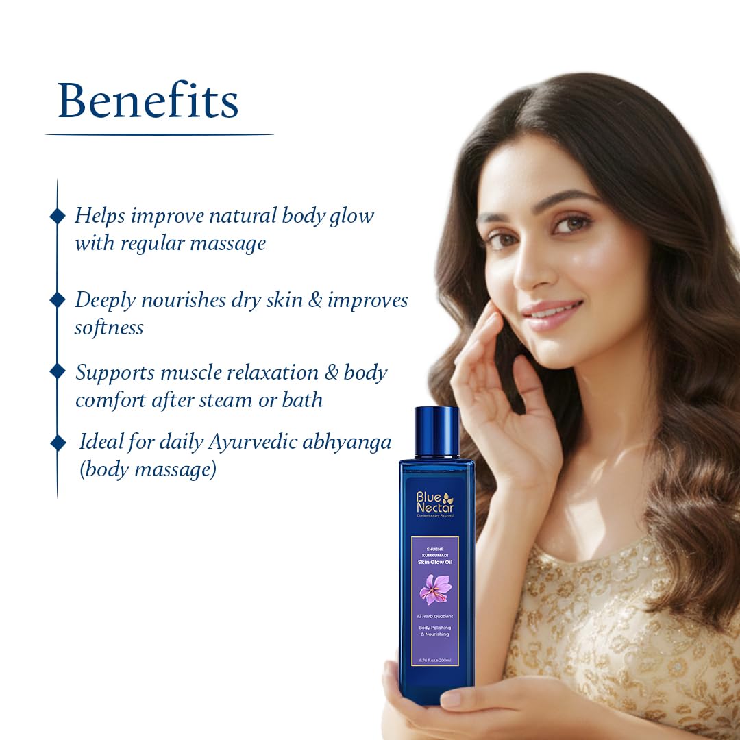 Blue Nectar Shubhr Kumkumadi Body Oil for Glowing Skin | Ayurvedic Moisturizing Body Oil After Bath for Daily Use for Even Skin Tone & Dark Spots (12 Herbs, 100 ml)