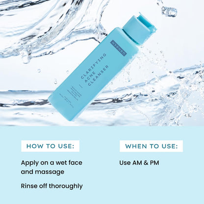 Blue bottle of clarifying acne cleanser with water splash background