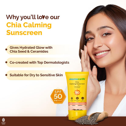 Mamaearth Chia Calming Sunscreen with Chia Seed & Ceramides for Hydrated Glow & Sun Protection | SPF 50 PA++++ | Co-Created With Top Dermats | For Dry to Normal, Sensitive Skin | Healthy Skin Barrier | In-Vivo tested | 50 g