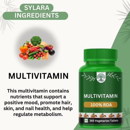 Sylara Plant Based Multivitamin -365 Capsules with Vit A, B1, B2, B3, B4, B5, B7, B6, B9 ,B12, C, D, E, K2 for Men & Women - Supports Immunity, Superfood Detox Boosts Energy - Greens, Herbs, Fruits & Vegetables Tablets Supplements