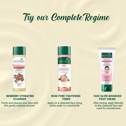 Biotique skincare products with product descriptions on a beige background