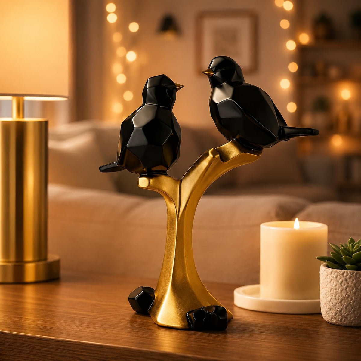 Striking Geometric Bird Pair Sculpture for Home & Office Décor | Modern Black & Gold Perched Birds Showpiece for Living Room, Shelf & Table Styling (22 cm)