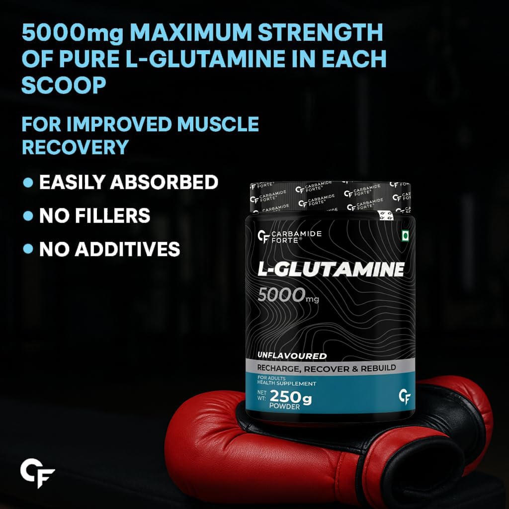 Carbamide Forte L Glutamine Supplement for Men | L Glutamine Powder 5000mg | L Glutamine Supplement | Muscle Recovery Preworkout Supplements For Men - Unflavoured - 250 grams