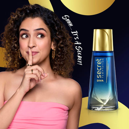 Woman in pink dress with curly hair next to a Secret Diva perfume bottle on a colorful background