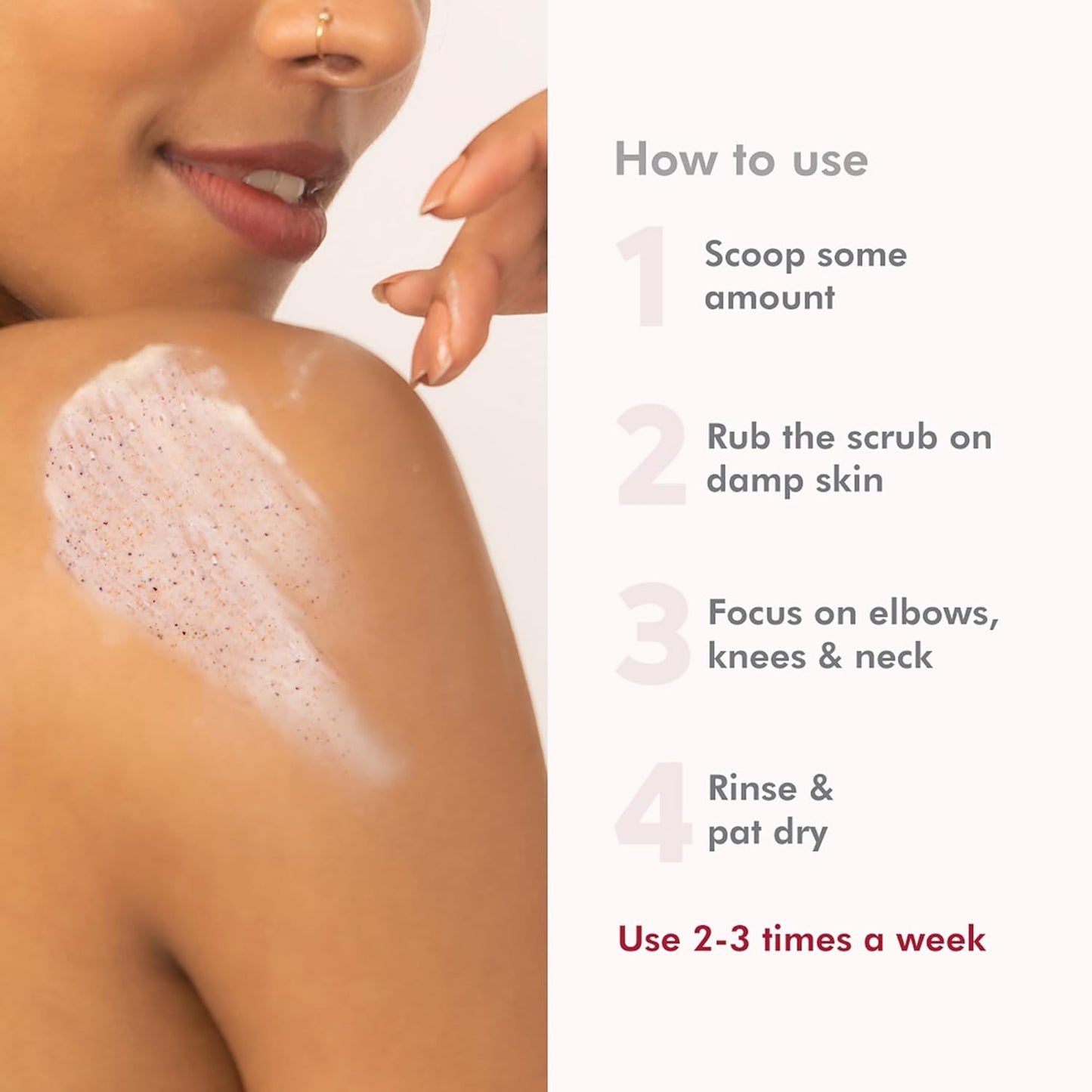 Woman applying a white scrub to her shoulder with text on how to use it.