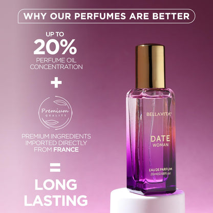 Purple perfume bottle with gold cap on a white platform against a purple background, featuring text about perfume quality and ingredients.