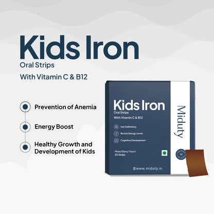 Zephivo Miduty by Palak Notes Kids Iron Strips for Kids - Dissolvable Strips for better Iron absorption - Energy Boost - Iron Supplement with Vitamin C & Vitamin B12 - Mixed Berry Flavour - 30 Oral Strips