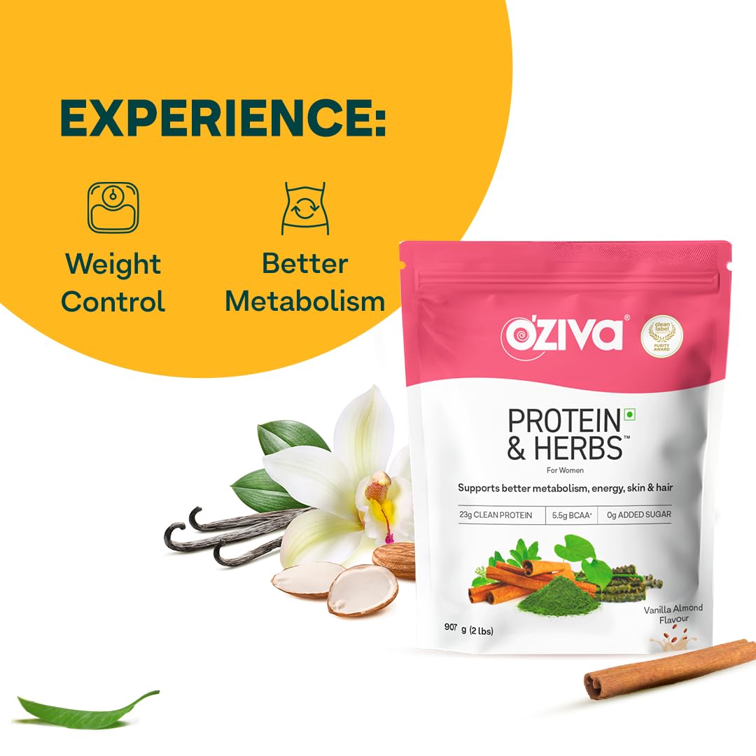 OZiva Protein & Herbs for Women (Vanilla Almond) I Manage Weight, Energy & Metabolism | Clean Protein, Shatavari, Green Tea I No Added Sugar, 2lbs (907gm)