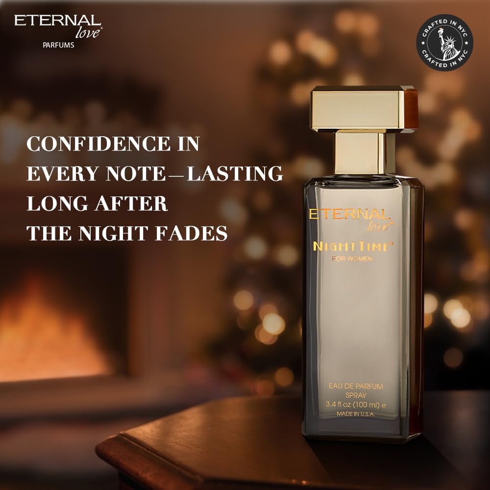 Perfume bottle labeled 'Eternal Love Parfums' on a wooden surface with warm background