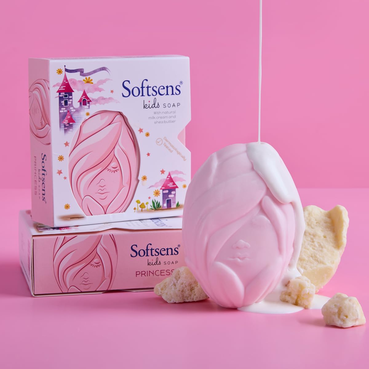 Softsens Kids Soap Princess 75g | Gentle Nourishing Care with Shea Butter & Natural Milk Cream, Dermatologist Tested Baby Soap, Moisturizing Fun Shape Bar Soap For Toddlers & Kids 2-10 Years