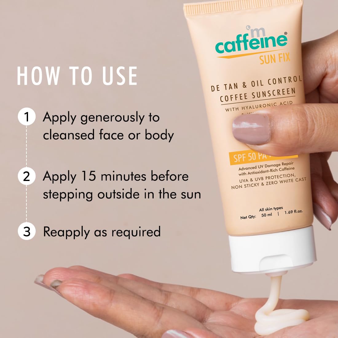 Tube of 'm caffeine sunscreen with application instructions on a beige background