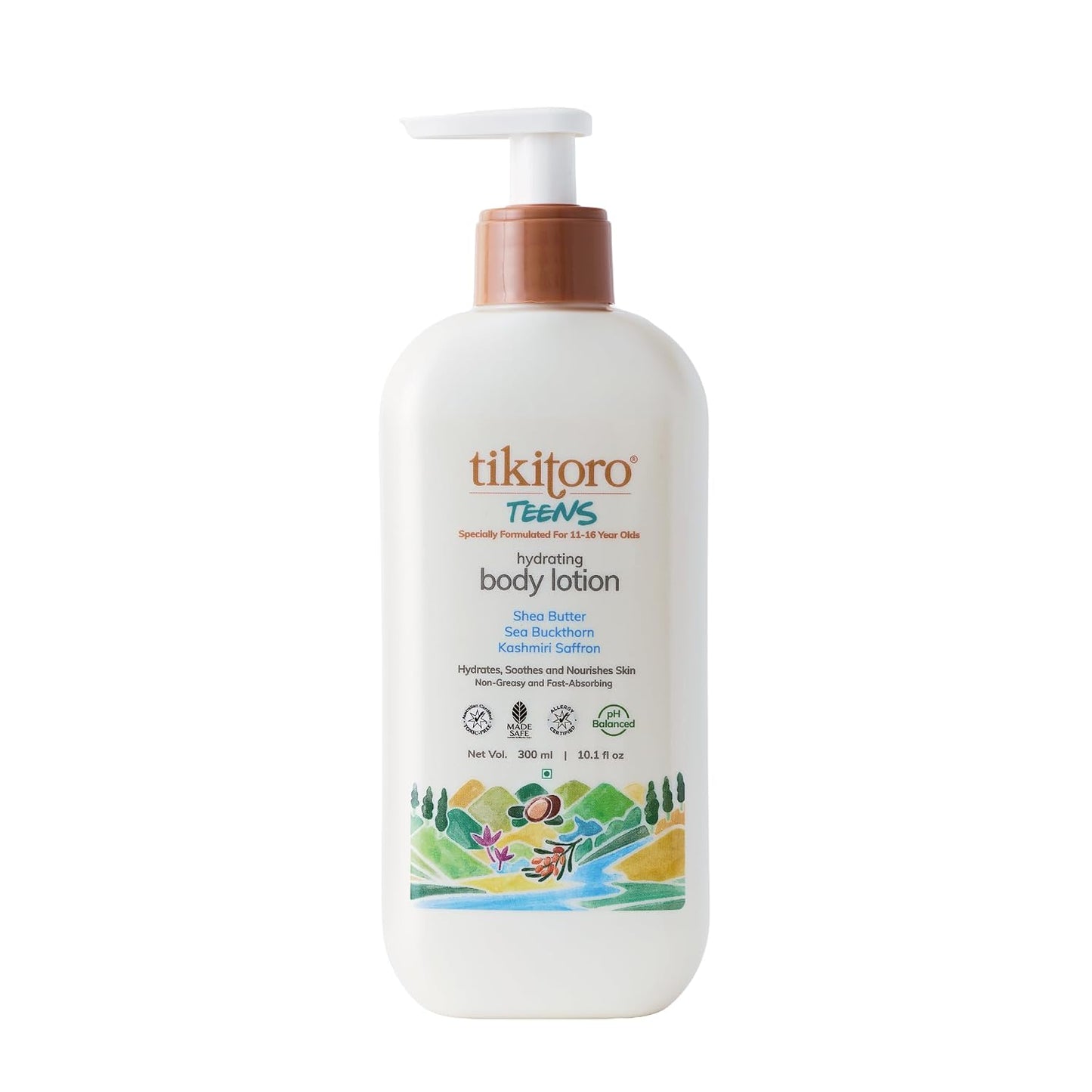 Tikitoro Teens Hydrating Body Lotion 100% Vegan with Shea Butter, Sea Buckthorn, Kashmiri Saffron Extract, Moisturises, Soothes & Nourishes Skin (Age: 11+ Years) (300 ml x 1)
