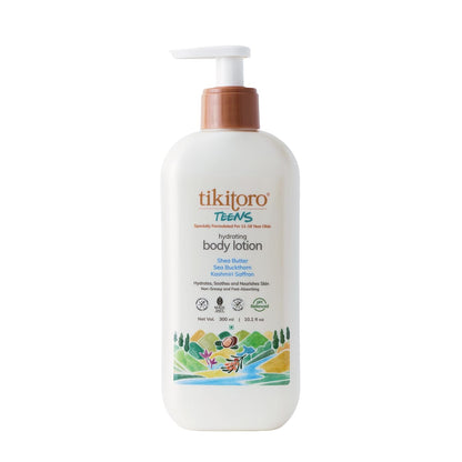 Tikitoro Teens Hydrating Body Lotion 100% Vegan with Shea Butter, Sea Buckthorn, Kashmiri Saffron Extract, Moisturises, Soothes & Nourishes Skin (Age: 11+ Years) (300 ml x 1)