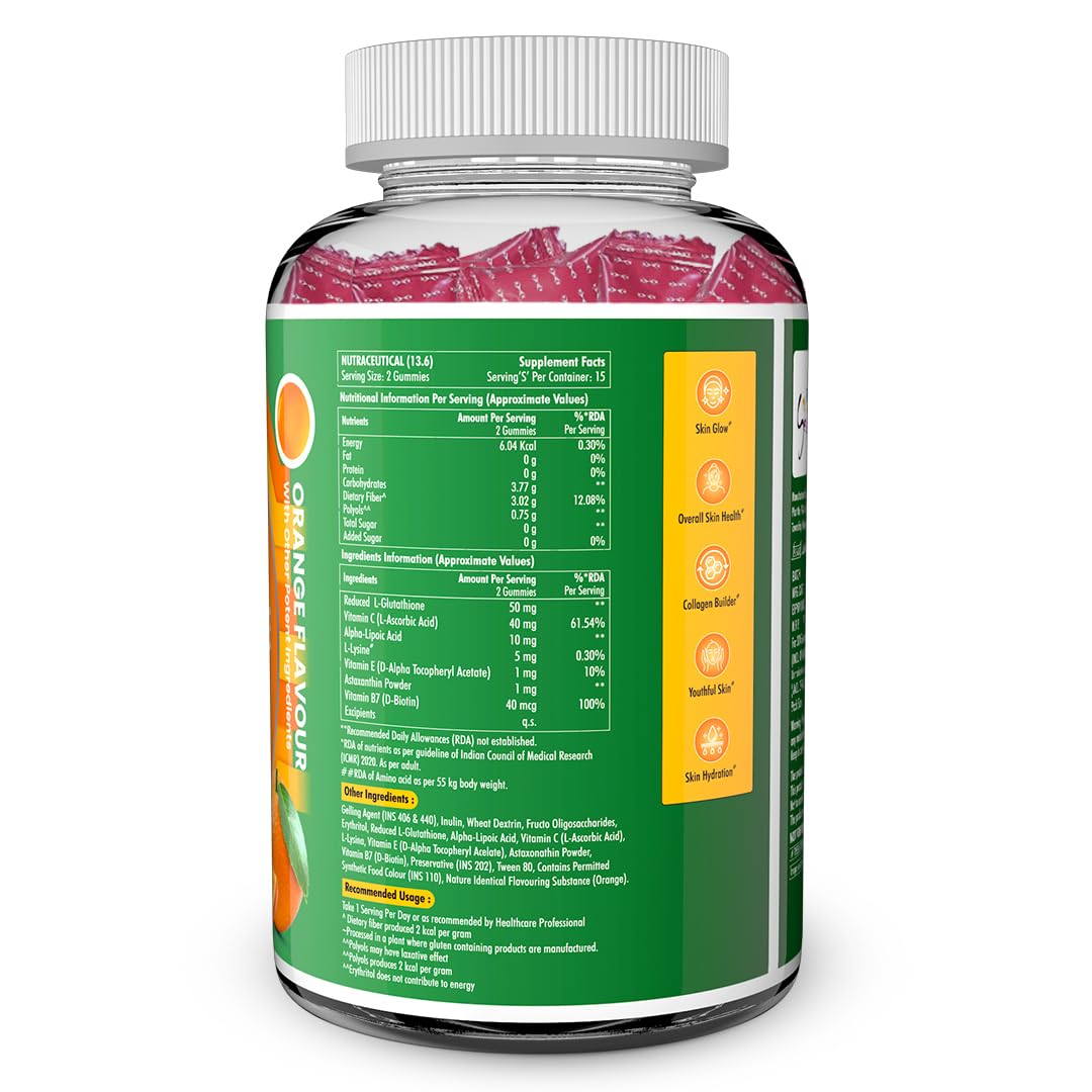 NATURYZ L-Glutathione with Biotin 2-in-1 Gummies | Vitamin C, Vitamin E & Astaxanthin | Skin Glow, Brightening, Depigmentation, Hair Growth for Men & Women | No added sugar- 30 Gummies (Orange)