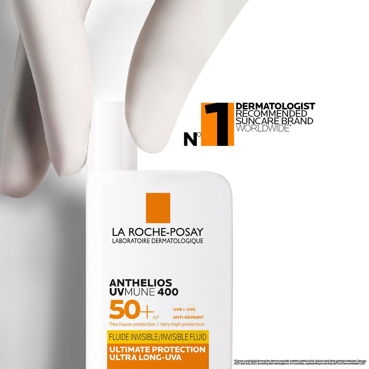 La Roche-Posay sunscreen bottle with branding and product details on a white background