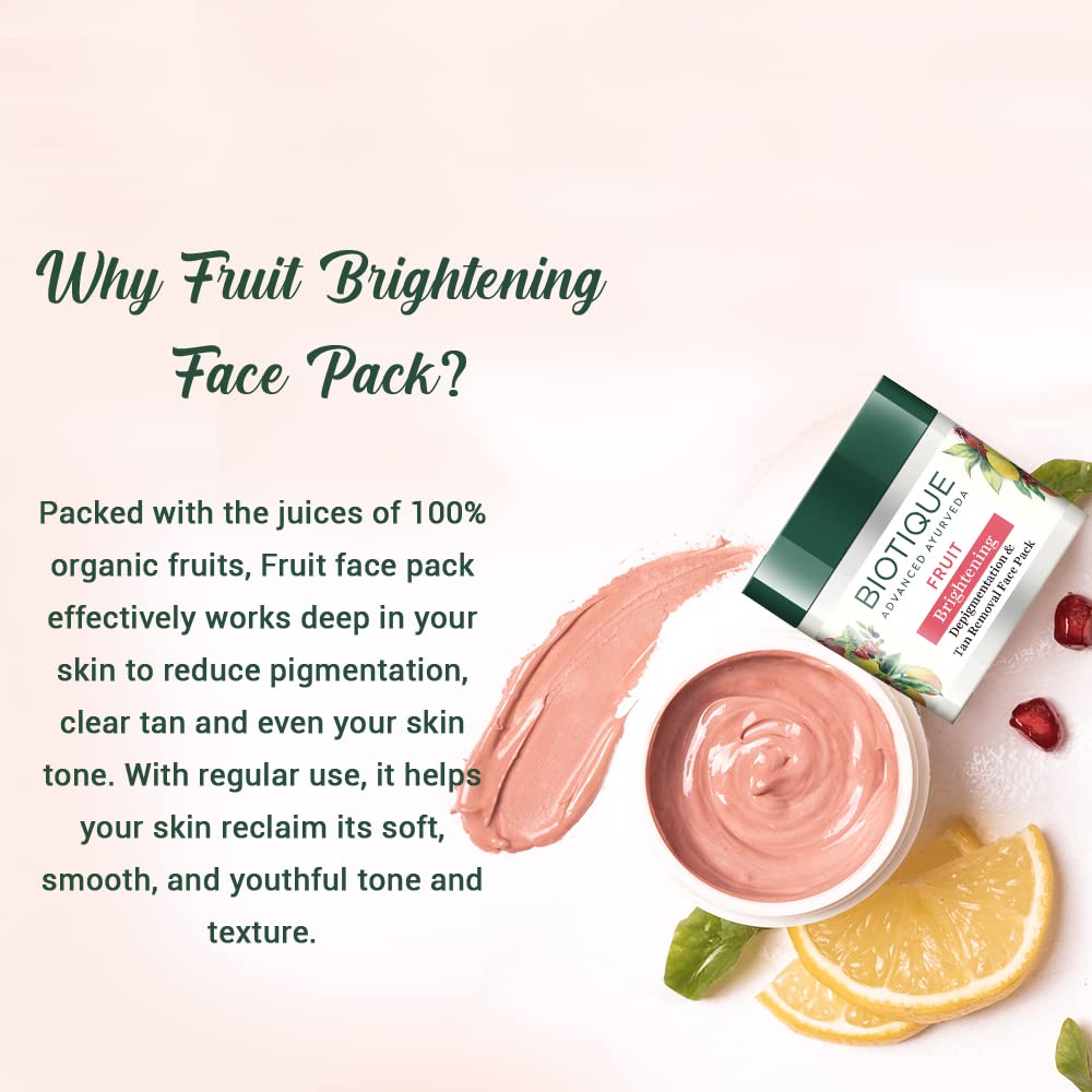 Biotique fruit brightening face pack with text explaining its benefits on a white background