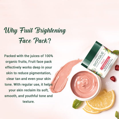Biotique fruit brightening face pack with text explaining its benefits on a white background