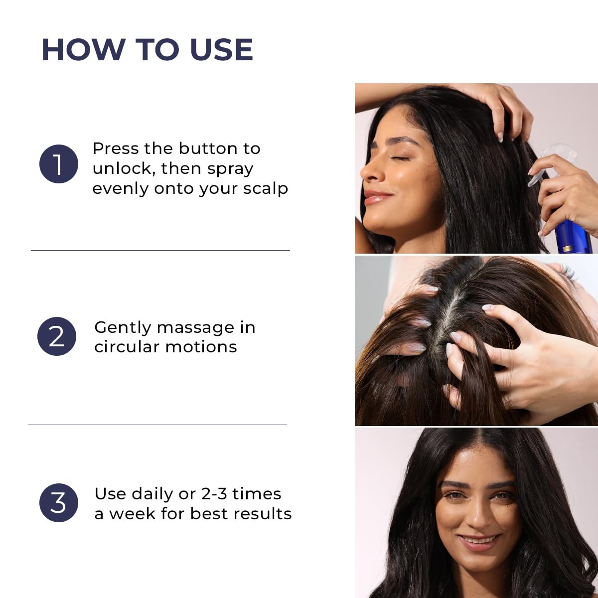 Instructions on how to use a hair care product with text and images of a woman using it.