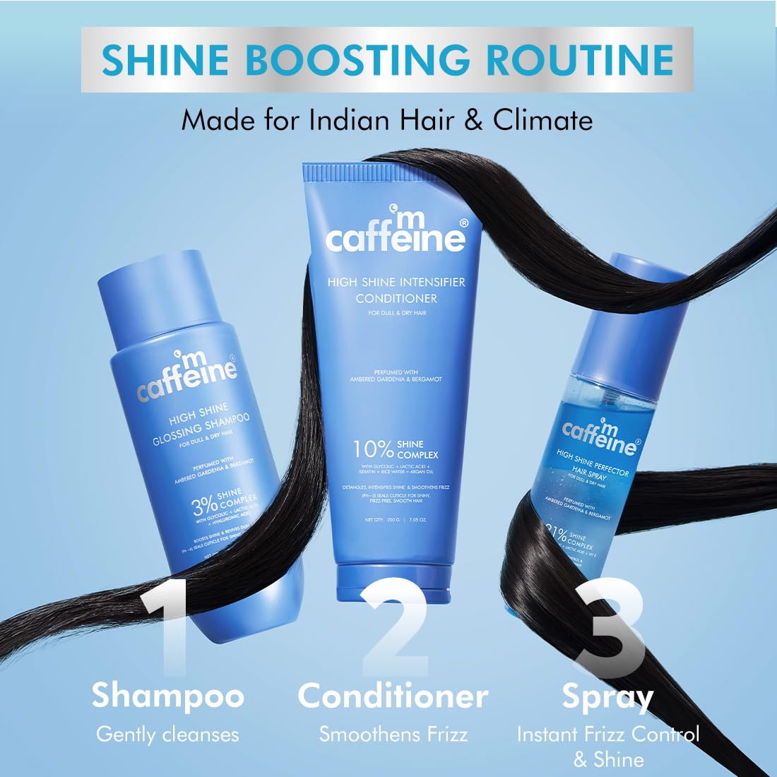 M Caffeine hair care products for Indian hair and climate with text on a blue background