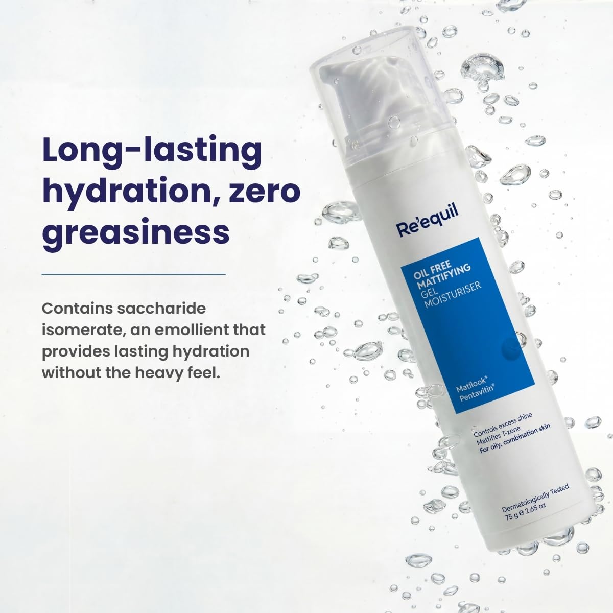 Re'equil moisturizer bottle with water droplets on a white background