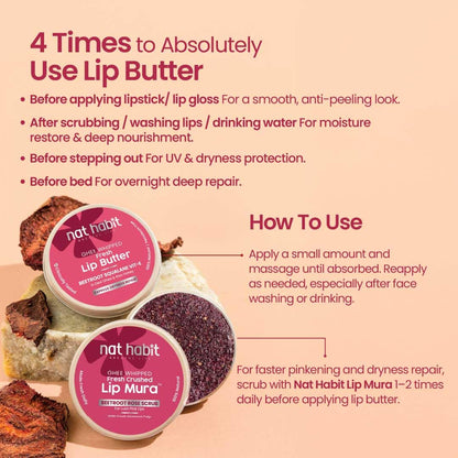 Nat Habit Lip Butter with Fresh Beetroot, Squalane, Desi Ghee & Raw Honey | Natural Lip Balm for Pink Lips, Intense Nourishment & Chapped Lips | 10g