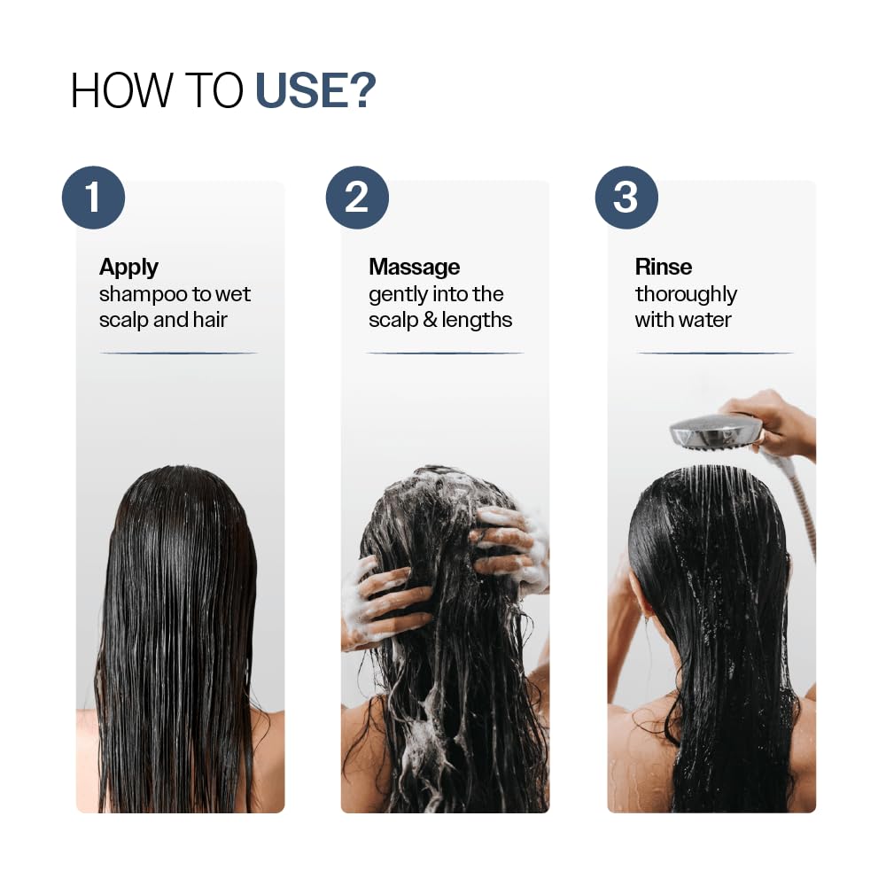Step-by-step guide on how to use shampoo with images of a person applying, massaging, and rinsing hair.