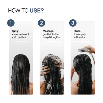 Step-by-step guide on how to use shampoo with images of a person applying, massaging, and rinsing hair.