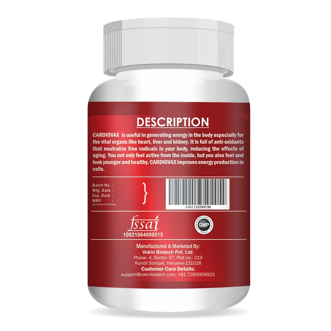 Bottle label with red background and white text on a white background