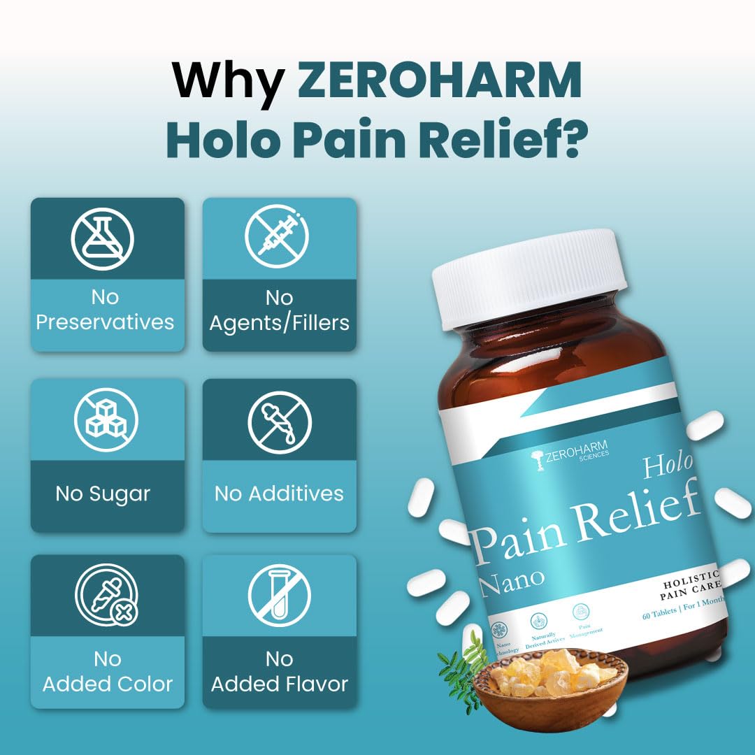 ZEROHARM Holo Pain Relief Tablets | Willow Bark, Boswellia, Turmeric & Ginger | Pain Management | Reduces Inflammation, Relieves Knee Pain & Improves Mobility | Non-Addictive | 60 Veg Tablets