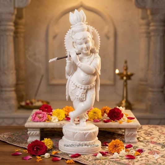 Handicrafts Paradise Resin Carved Krishna Playing Flute White Marble Finish 8 Inch Figurine