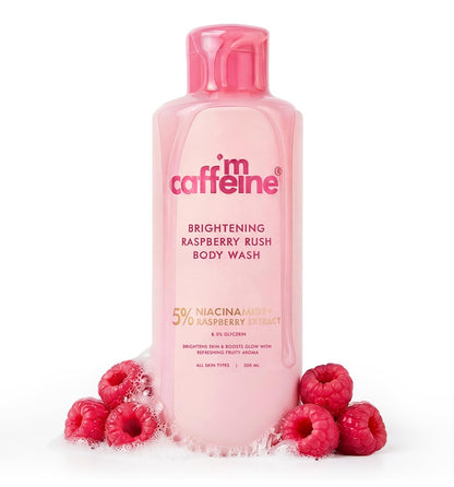 mCaffeine Brightening Body Wash - 5% Niacinamide & Raspberry | Summer Body Wash for Dry Skin | Vitamin C & Glycerin Hydration | Boosts Glow, Deep Cleanses & Softens Skin | Fruity Shower Gel - 300ml