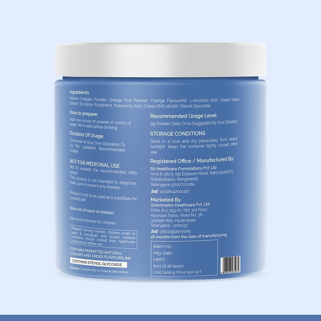 TWAMEVA Collagen Peptides Supplement for Skin, Hair, Nails | Vitamin C, E and Grape Seed Extract| For Healthy Skin,Hair | Marine Collagen Powder for Women & Men | Orange Flavour | 200g