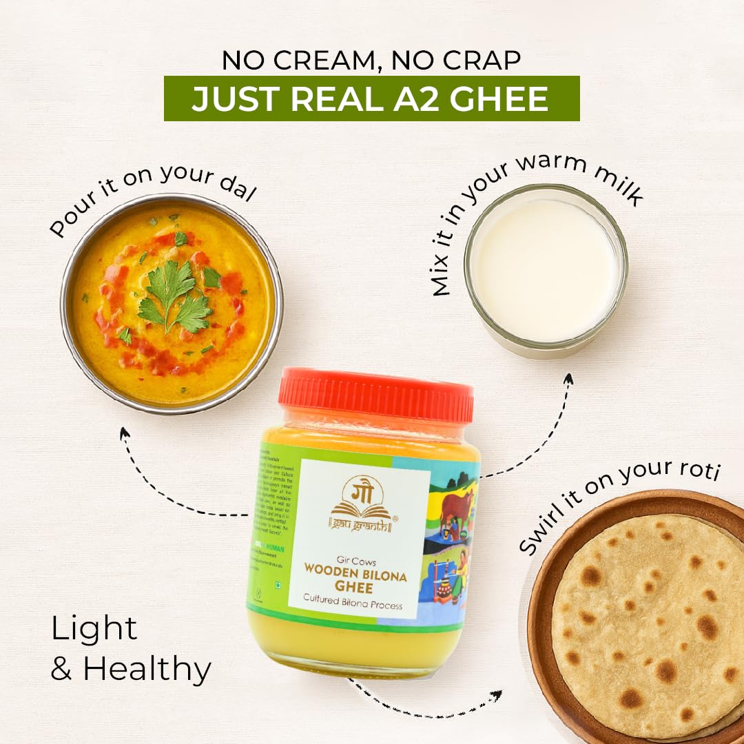 cow ved GauGranth A2 Gir Cow Ghee – 500ml (Pack of 1) | Traditional Wooden Bilona Desi Ghee | Hand-Churned from Grassfed A2 Gir Cow Milk | 100% Pure, Natural & Healthy | Vedic Method | Glass Jar Packaging