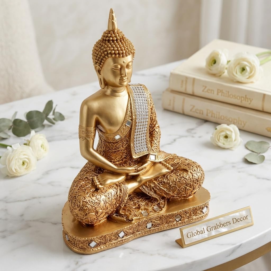 Global Grabbers New 25 Centimetre Meditating Sitting Buddha Statue showpiece Idol Home Decor Items for Living Room and Gifts (Golden2)