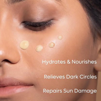 Close-up of a person's face with product application points, text indicating benefits.