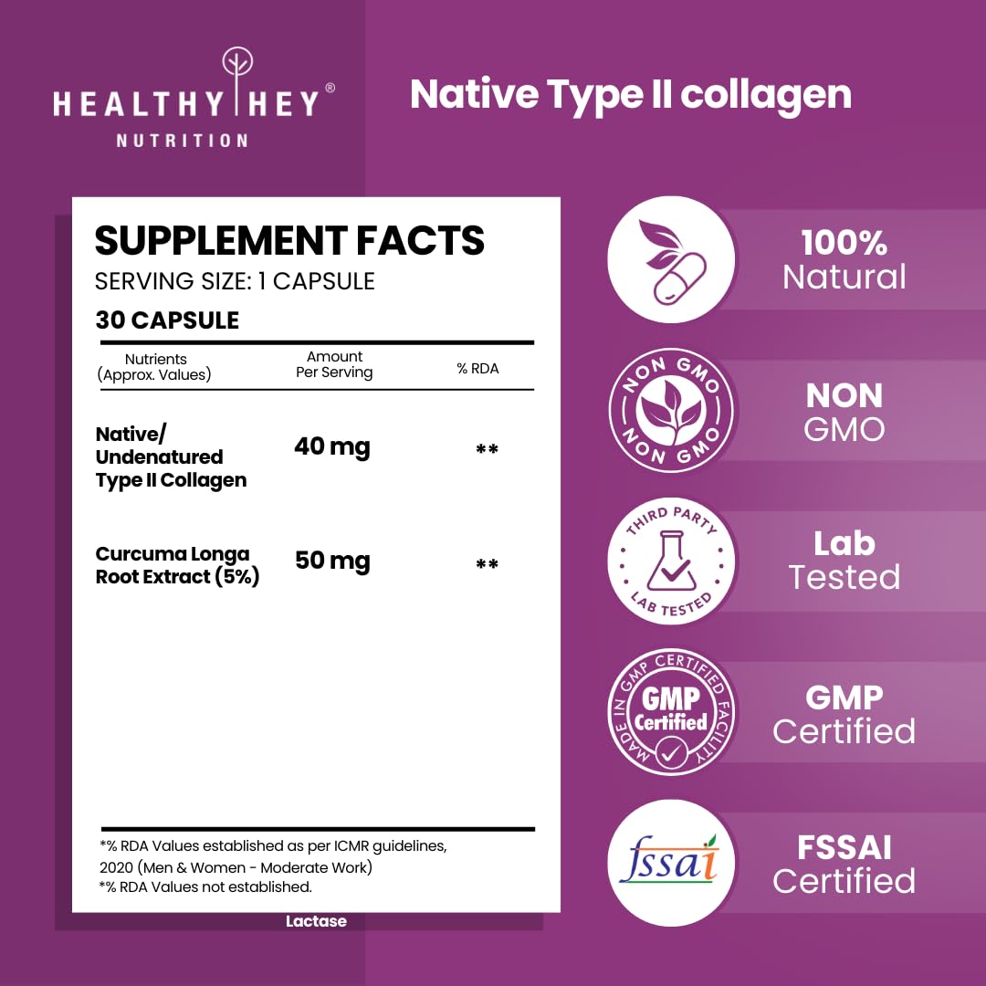 Supplement facts label for Native Type II collagen with Healthy Hey Nutrition branding on a purple background.