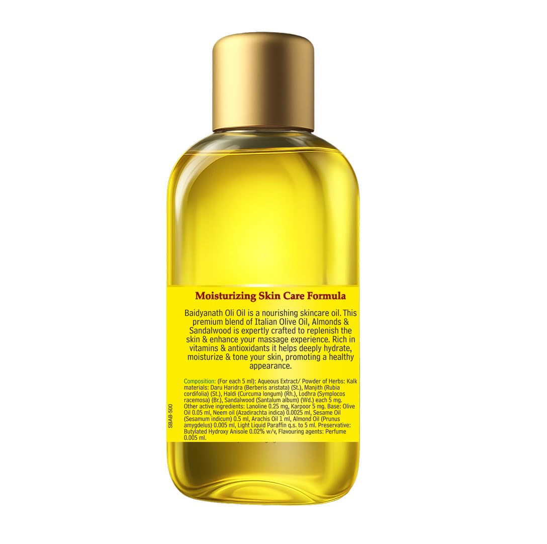 Baidyanath Oli Oil | Herbal Body Oil with Italian Olive Oil, Almond Oil, Neem, Sandalwood & Sesame Oils, Haldi & 5 Herbs | With Vit E & Antioxidants | Nourishes Dry Skin, Non-Sticky & Fast Absorbing | 500ml