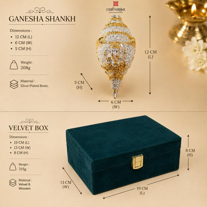 999 Pure Silver Plated & 24K Gold Plated Ganesh Shankh with Velvet Gift Box, 4.7 Inch Ganesha Shankh for Fengshui Vastu Gifts, Wedding Anniversary House Warming Gifts New Home Decor Items