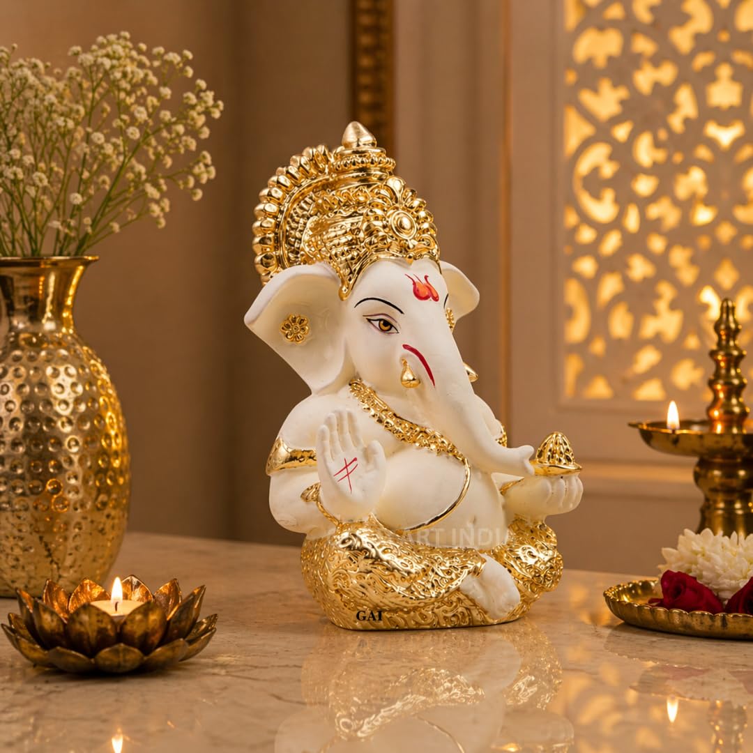 Gold Art India Ganesha Gold Plated Idol for Car Dashboard Ganesha Murti Ganpati Idol for Home Decor Puja Lord Ganesh Statue Gift for Office Desk Puja Room Figurine (Gold and Cream)