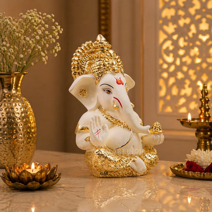 Gold Art India Ganesha Gold Plated Idol for Car Dashboard Ganesha Murti Ganpati Idol for Home Decor Puja Lord Ganesh Statue Gift for Office Desk Puja Room Figurine (Gold and Cream)