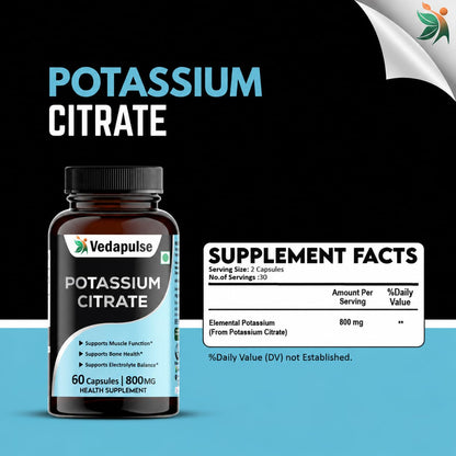 Vedapulse Potassium Citrate Capsules | Health Supplement | 800 mg Elemental Potassium per Serving | 60 Capsules